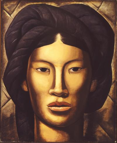 Close-up painting of Malinche from the neck up