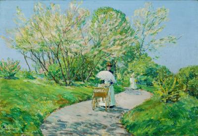 Woman pushing baby buggy and holding parasol walking down winding path between trees and grassy areas