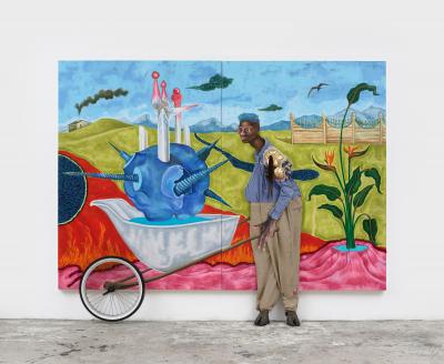Dondolo, a hoofed, blue-haired man pushes an old, gray wheelbarrow. He wears a collaged blue work shirt with gold cushioned epaulets on his left shoulder. The shirt is stitched and tucked into khaki pants collaged onto the surface of the painting. His body and chocolate-brown and pink face turn slightly to the left, away from the wheelbarrow, his eyes gazing past us, into the distance.