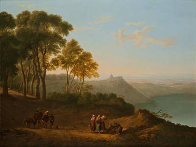 Pastoral painting of figures next to a large lake