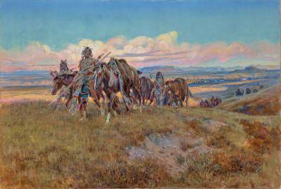 Landscap painting of Native Americans traveling the countryside at sunrise.
