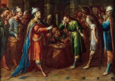 Scene of several people gathered over a kneeling Benjamin in the center