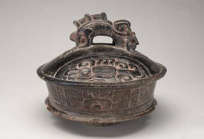 Ceramic Lidded Vessel with Fish and Reptilian Imagery