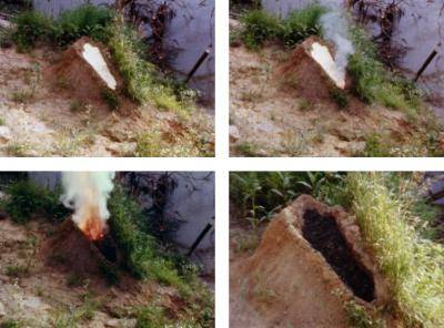 Still image from video. Still is composed of four images arranged in a two-by-two square grid, each depicting the same mini volcano in different stages of combustion.