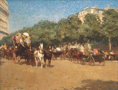 A painting of horse-drawn carriages traveling down a wide, dirt city street lined by green trees.