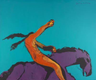 Painting of an Indian raising his fist while riding a horse