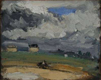 An abstract painting of clouds over a golden beachscape.