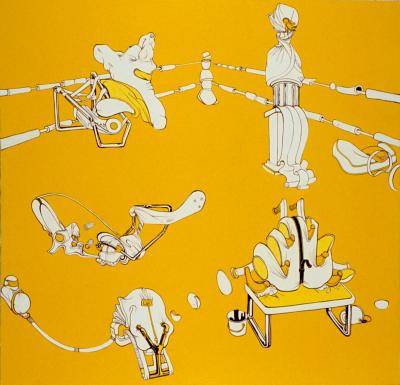 Yellow painting with white cartoon-like graphics depicting plastic surgey