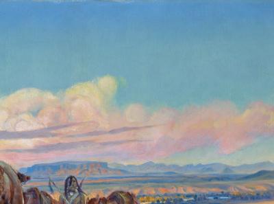 The clouds in this painting echo the figures. They are brightest and most defined over the men in the lead, and they thin out as they trail off to the right, just like the figures do. This creates a sense of harmony and reinforces the hierarchy within the group.
