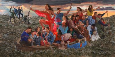 Mise-en-scène of a boat carrying a raft of Native American people with military figures on the shore in the background