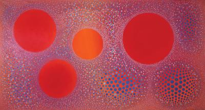 Abstract colorblock photo with four red swirling circles of different sizes