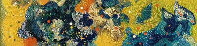 Detail of the Blue Mysteries abstract painting featuring a swirl of different colors
