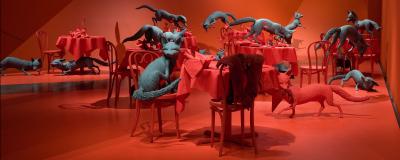 Fox Games installation detail of a restaurant and dinner scene