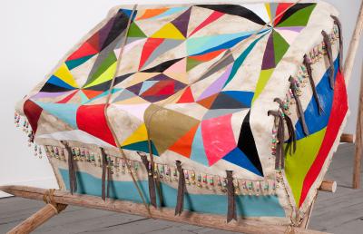 Close-up view of colorful colorblock patterns 
