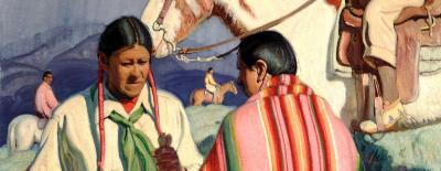 Foreground and background of Native American men talking and riding on horseback