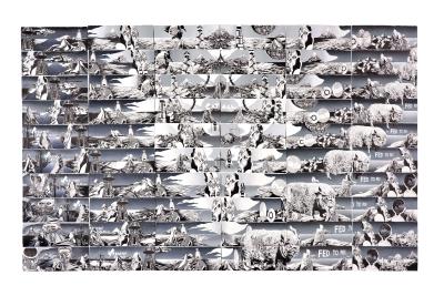 Repeating panels depiciting a white, tall, Babel-like building structure