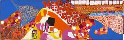 Abstract colorblock painting with different swirling dot patterns and imagery