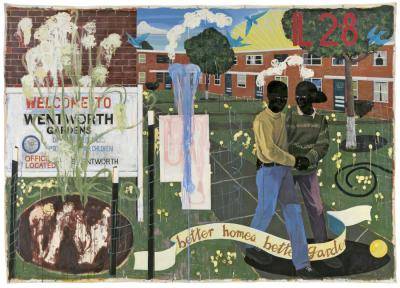 painting of two black people next to buildings and a sign that reads Welcome to Wentworth Gardens; below there is a ribbon with the words Better Homes, Better Gardens