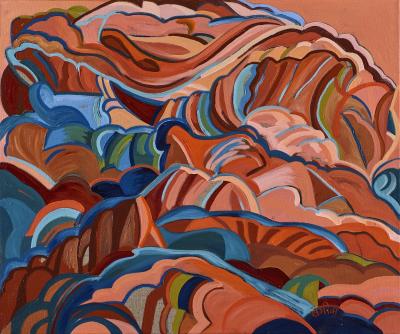 Colorful, abstract painting of Red Rocks Park in Colorado