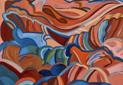 Colorful, abstract painting of Red Rocks Park in Colorado