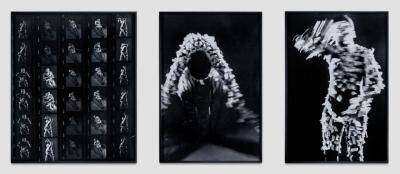 contact sheet images of Senga Nengudi's art performance where she put small bits of masking tape on her as she explored movement and elements of her African heritage of mask making, dance. rites and rituals