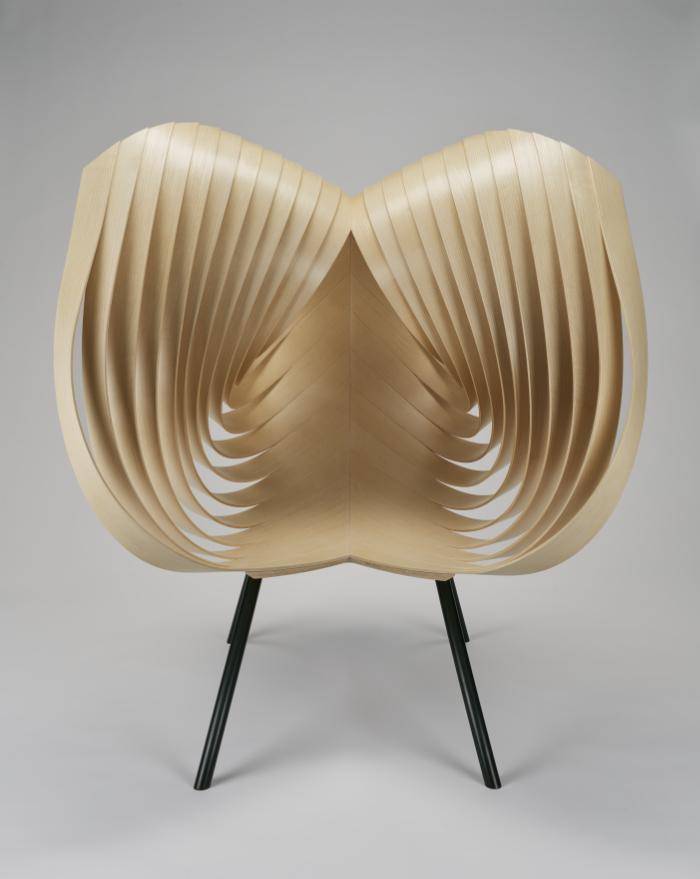 chair made of strips of bent white ash and steel