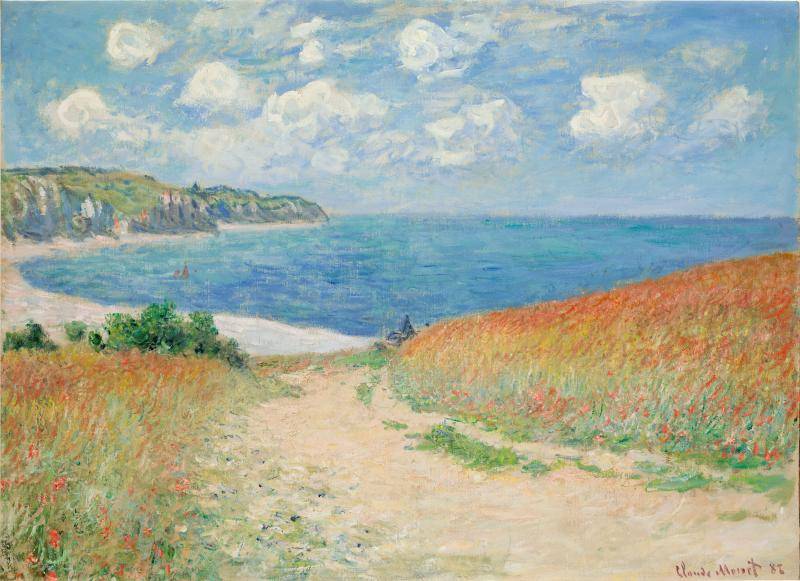 Soft landscape painting of a path of wheat fields in the foreground and a blue sea and sky in the background