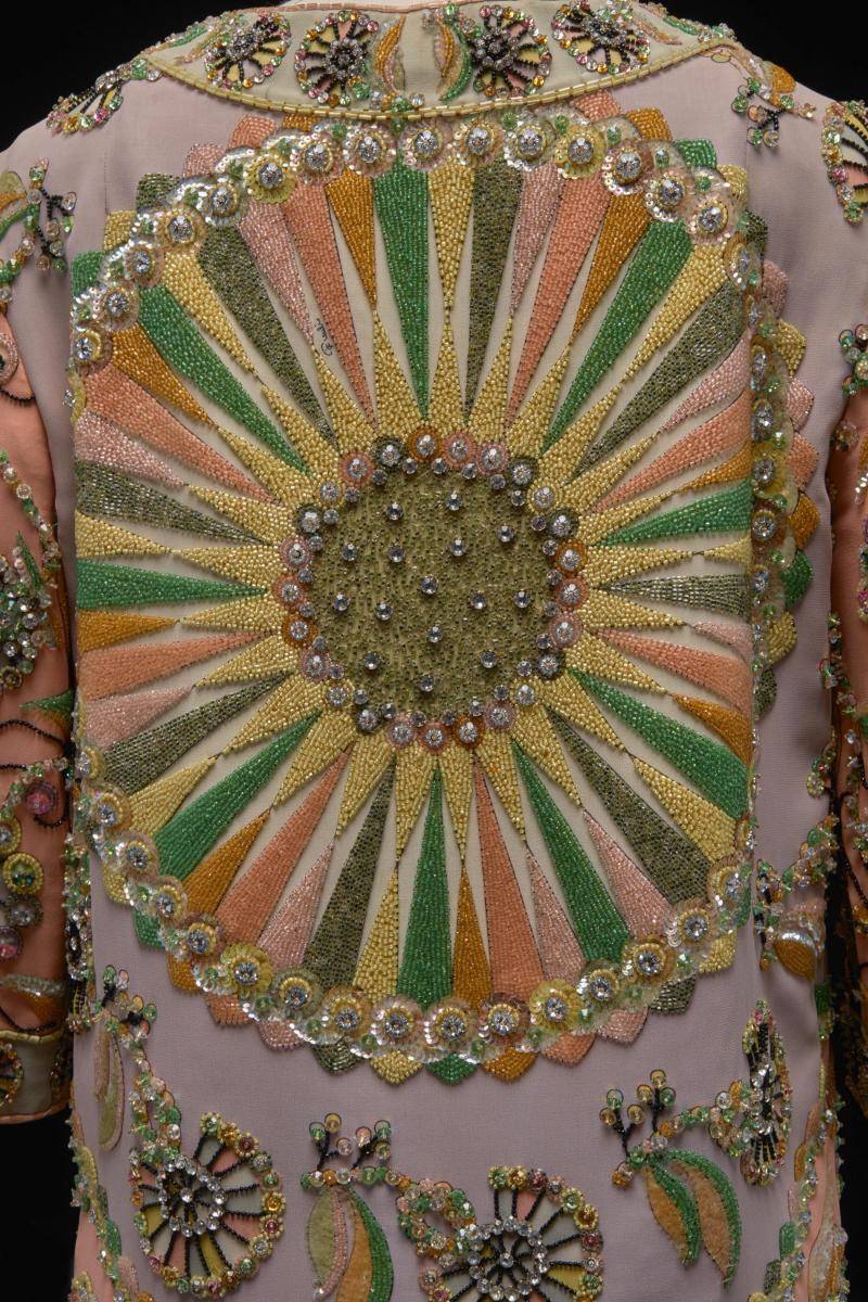 Silk chiffon printed with “Gioielli” motif and beads