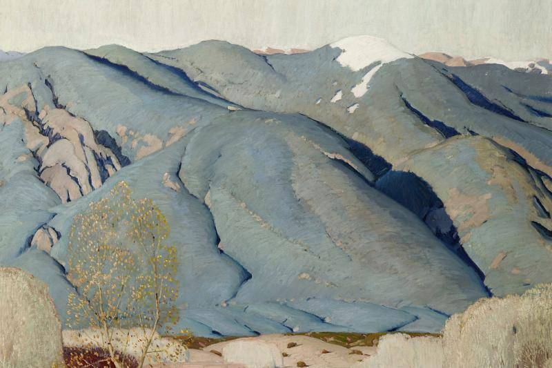 Painting with a soft gray view of a snowed-capped mountain skyline