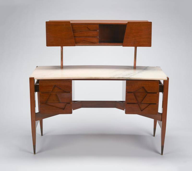 wood desk with a marble top
