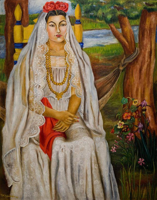 A woman in a white wedding dress sitting with her arms folded and with red roses in her hair
