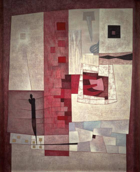 Abstract red and off-white geometric portrait of Jacques Gelman