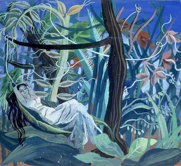 A woman in repose in an overgrown forest filled with trees and plants and brush