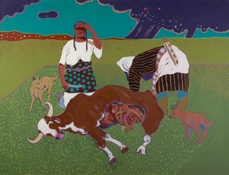 painting of 2 Indigenous women, 1 holding a knife and 1 bending over