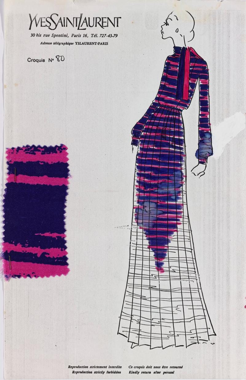Colored-in drawing of fabric swatch of a dress