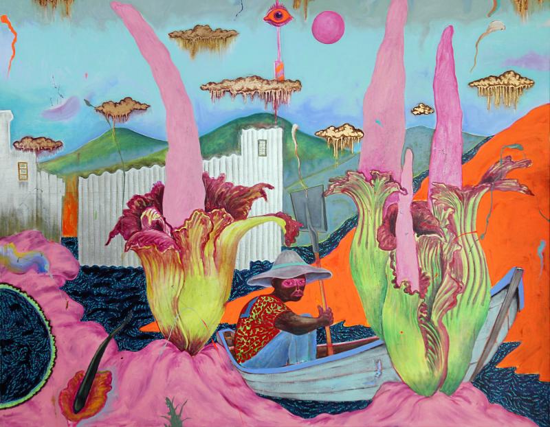 Brightly colored corpse flowers with pink stems and roots