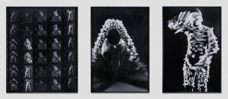 Three black and white photographs documenting Nengudi in a performance.