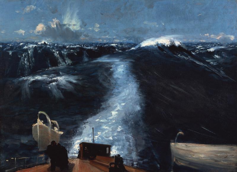 View of a large blue ocean wave from the perspective of a man on the dock of a ship.