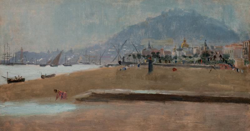 Landscape painting of the French beach and mountains in the background.