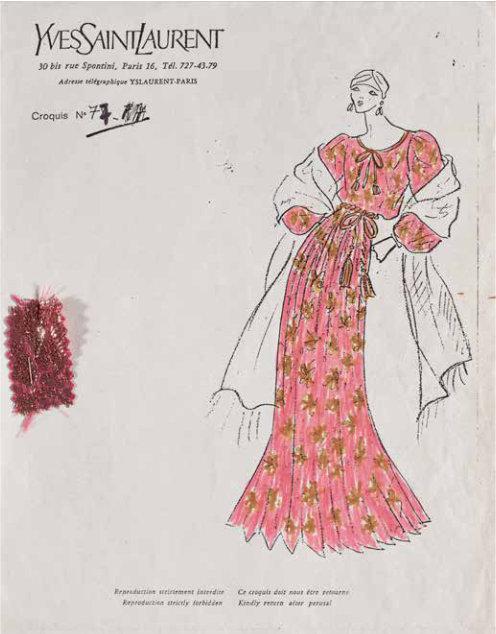Color sketch of model wearing a coral and gold printed long sleeve and floor length dress with belted waist. Fabric swatch on the left.
