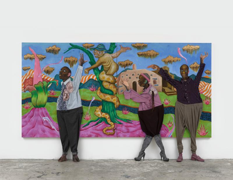 Three Black men and women strike pose in front of a fantastical background filled with bright colors and shapes
