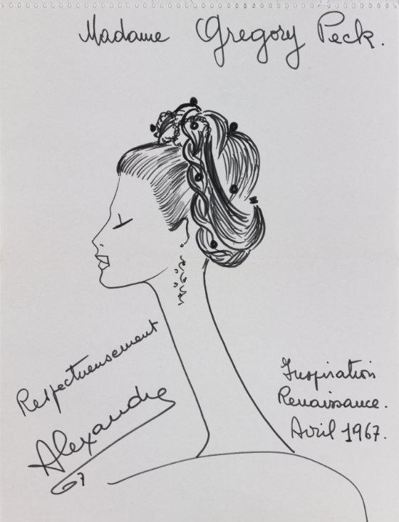Black and white sketch of a woman in profile with an elongated neck and hair pulled up.