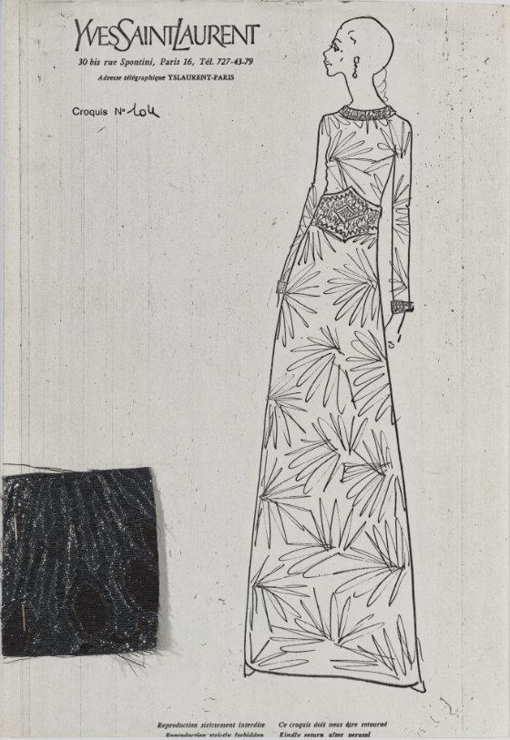 Black and white sketch on Yves Saint Laurent letterhead of a model wearing a long sleeve, floor length, floral dress. Small swatch of dark fabric from the dress in the lower left hand corner.