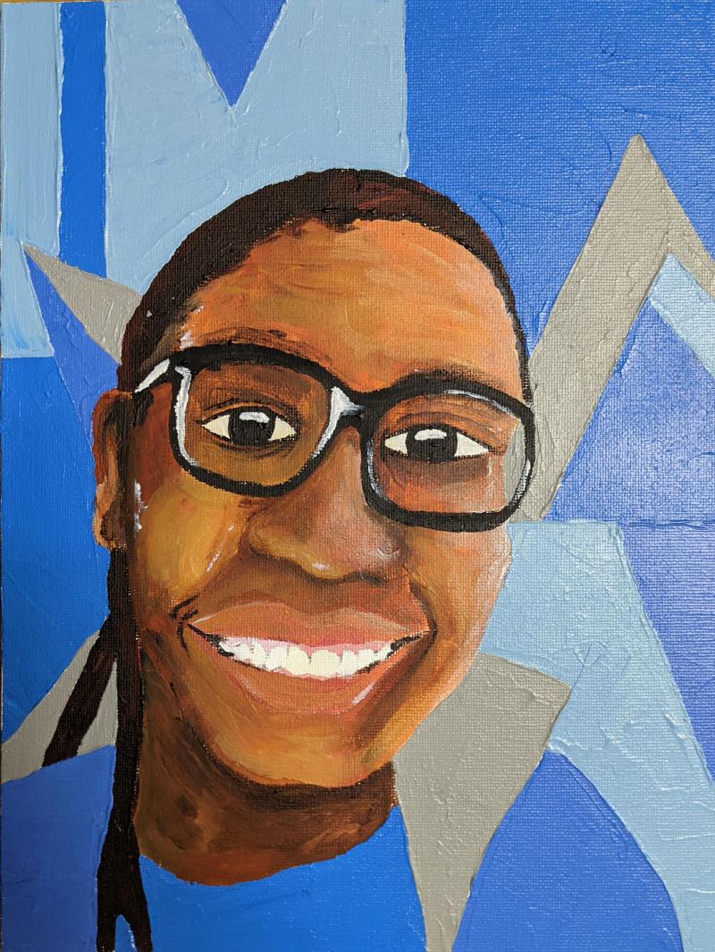 This painting depicts a smiling black teacher with a blue shirt and black glasses. The background has dark and light blue shapes.