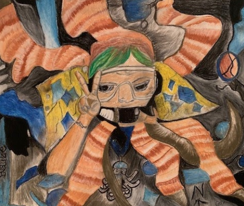 This artwork made with colored pencils depicts a teacher with white skin and green hair wearing a snorkel mask and giving a peace sign with their hands. The background has orange striped octopus legs radiating out from the figure.