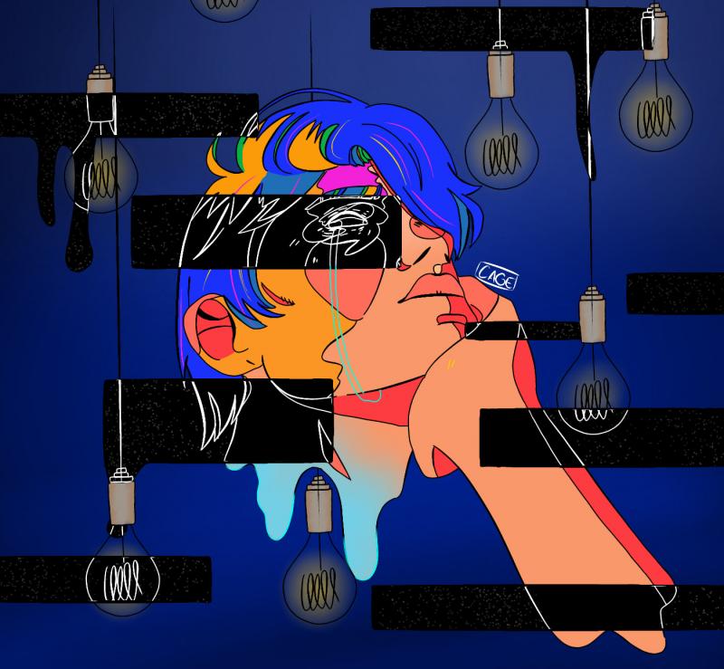 This digital artwork depicts a floating head and hand with peach and pink tones. The figure has blue and multicolored hair looking up pensively. There are lightbulbs hanging from the top of the image and a navy blue background and black rectangles that illuminated parts of the figures like x-rays with white outlines