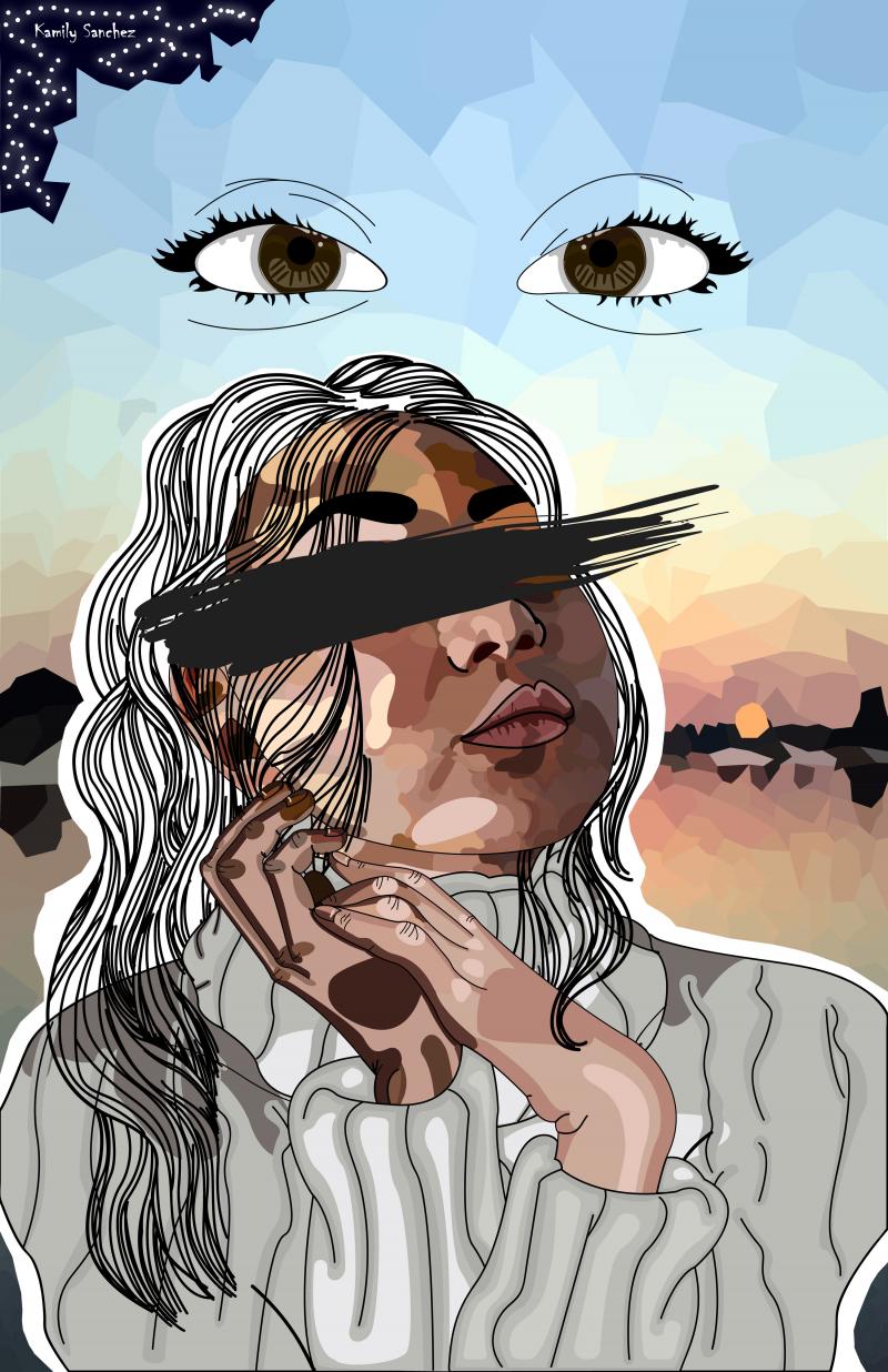 This digital artwork depicts a female student with peachy skin and black shoulder length hair. The figure is wearing a grey turtleneck sweater and their eyes have been crossed out. A set of eyes is floating in the multicolored background.