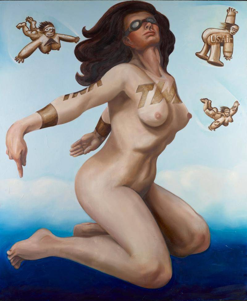 Naked woman crouching on the ground, surrounded by naked flying people