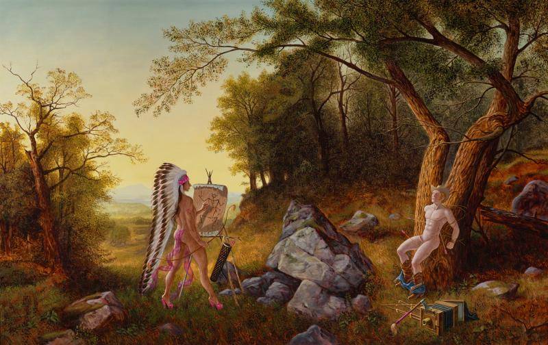 Pintura de un indígena norteamericano dibujando a un hombre blanco desnudo y amarrado
