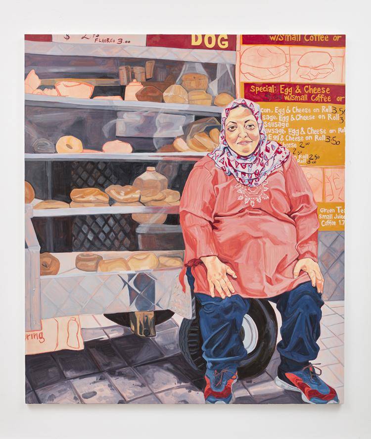 Painting of a woman in a hijab sitting in a bakery